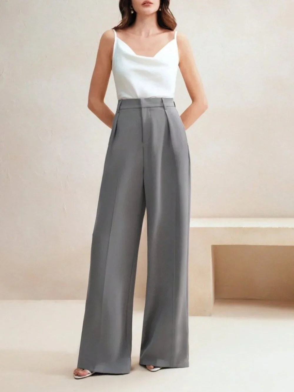 Gray Wide-Leg Suit Pants Tailored Trousers